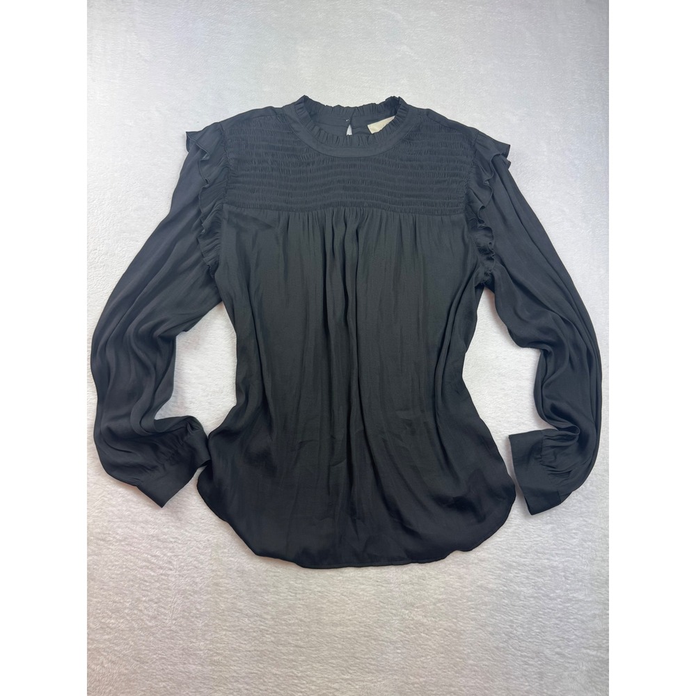 Loft Womens XL Black Smocked Ruffle Neck Long Sleeve Blouse Top Solid Keyhole